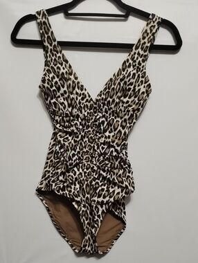 Tommy Bahama Ruched Front Leopard-Print  One-Piece Swimsuit in Tan and Black 4